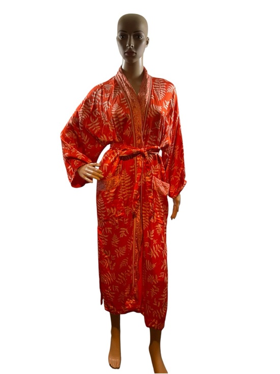 Zara Other - Zara Red Satin Floral-Leaf Kimono Robe with Tie Belt
